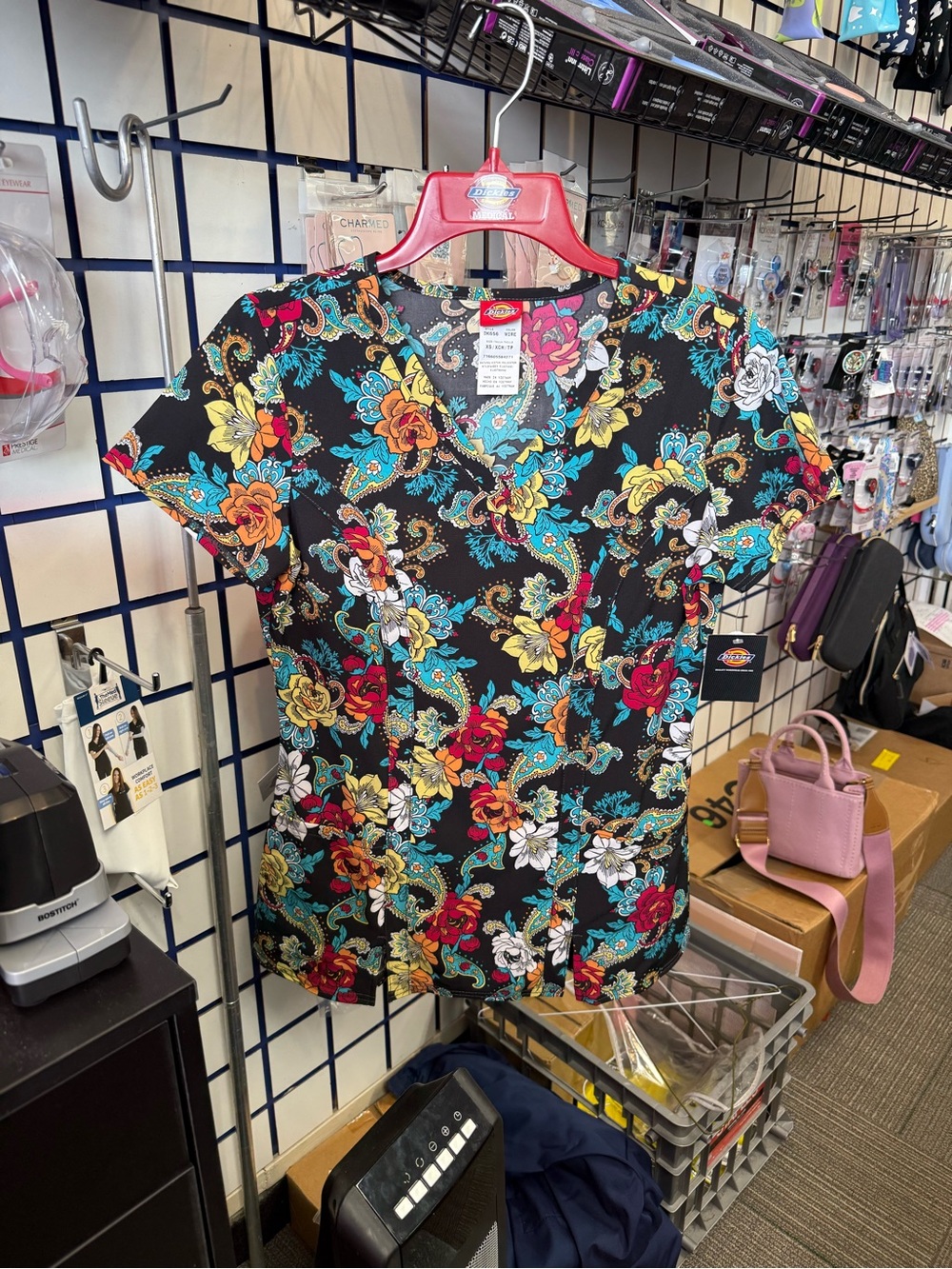 Dickies Black V-Neck Floral Scrub Top with Teal, Yellow, Red and White Flowers